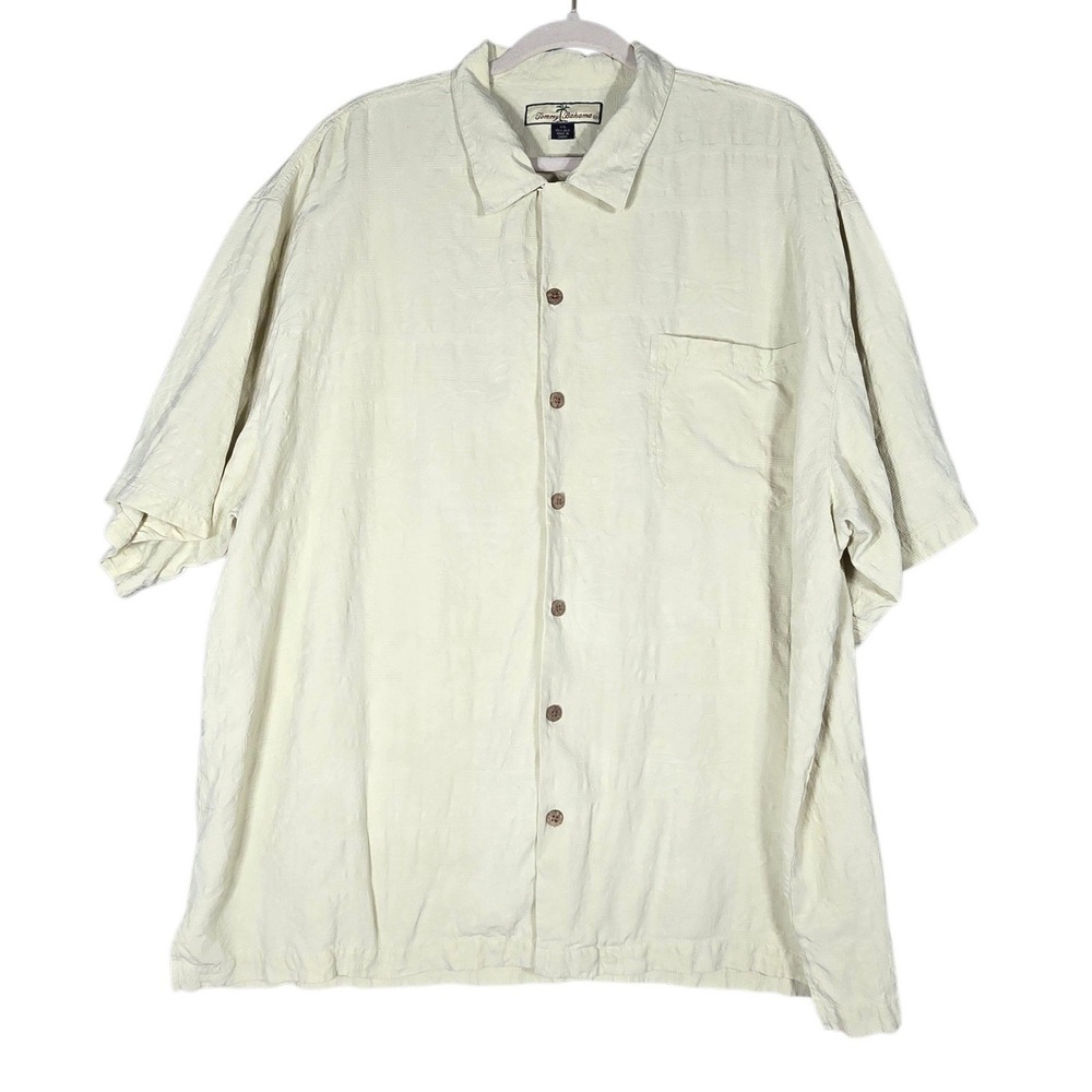 Tommy Bahama Silk Camp Shirt XXL Pale Yellow Tropical Leaf Jacquard Button Down